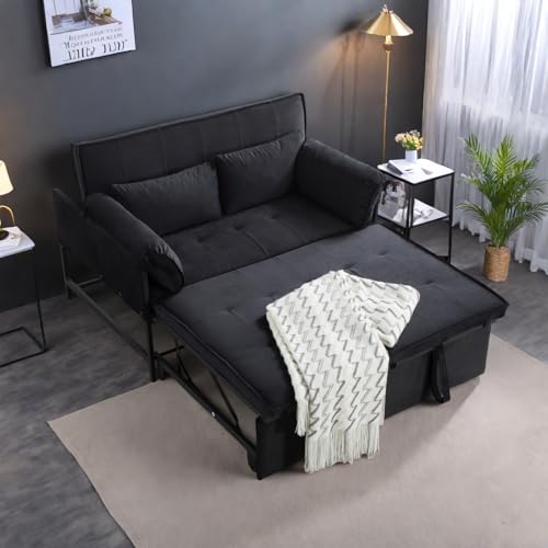 3 in 1 Sleeper Sofa Bed, Futon Sofa Bed for Living Room with Side Pocket, Black Sleepers Sofa Couch with Pullout Bed
