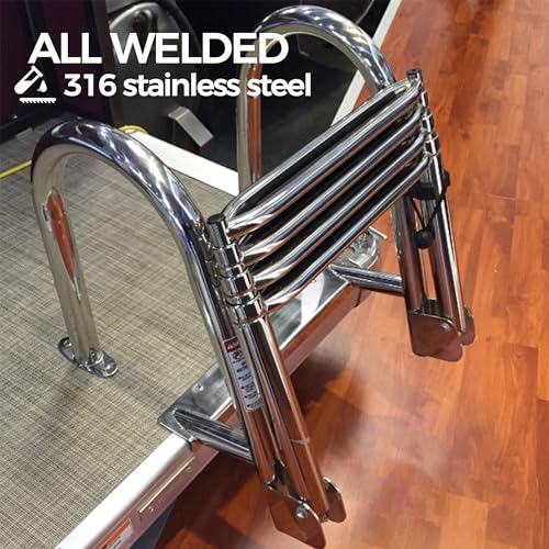4-Step Heavy-Duty Stainless Steel Pontoon Boat Ladder with Extra Wide Steps & Handrails | Telescoping Folding Rear Entry Ladder, 600lbs Capacity