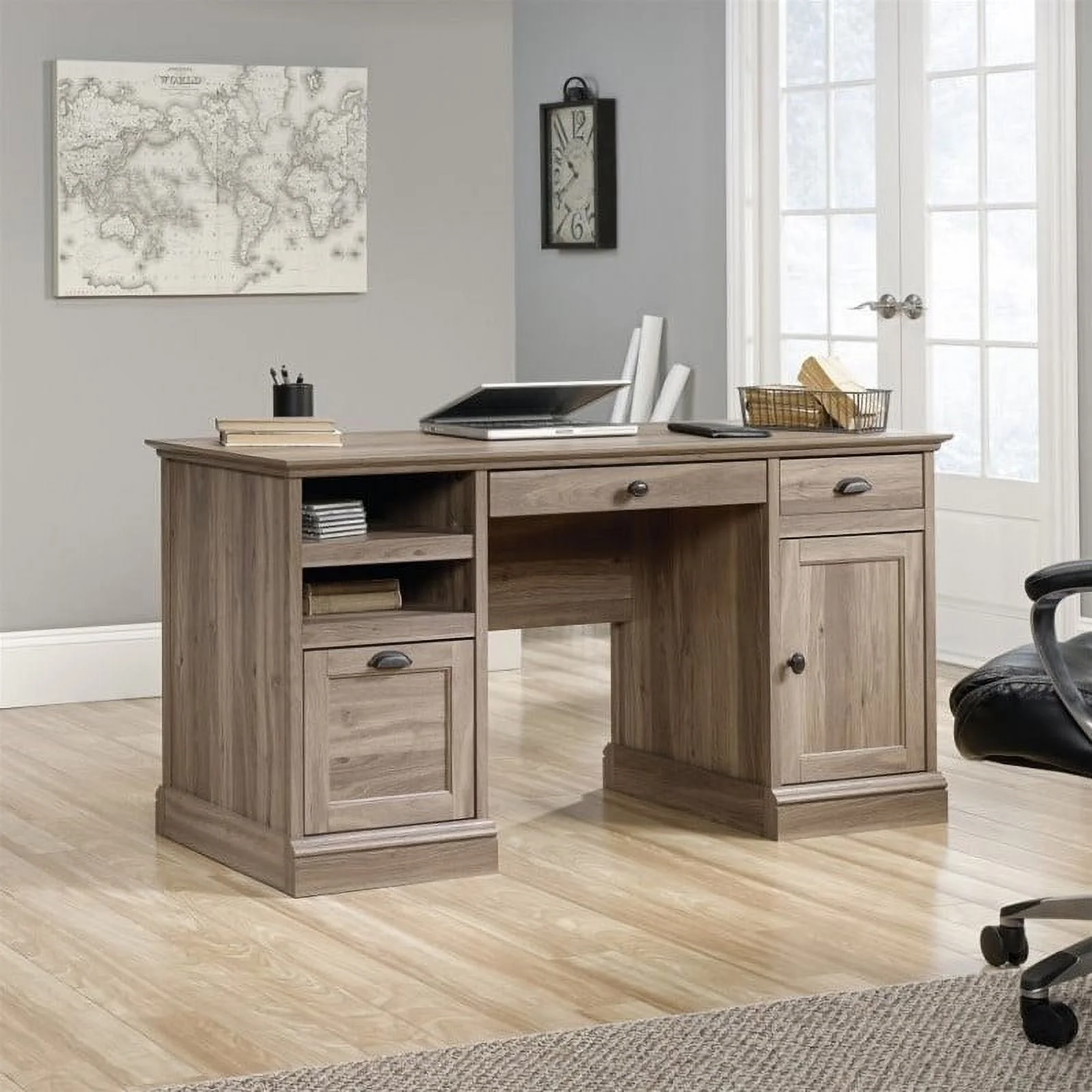 Sauder 2PC Office Set with Executive Desk and Lateral File Cabinet in Salt Oak
