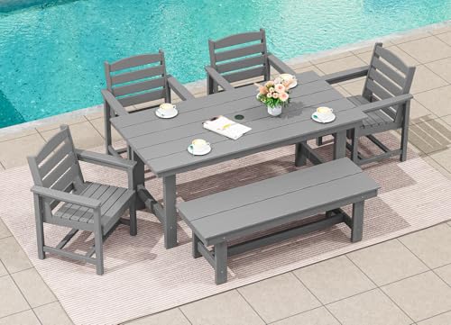 SERWALL Outdoor HDPE Dining Table Set, 7-Piece Outdoor Dining Table Sets with Umbrella Hole Cut-Out Table and 6 Chairs, Gray