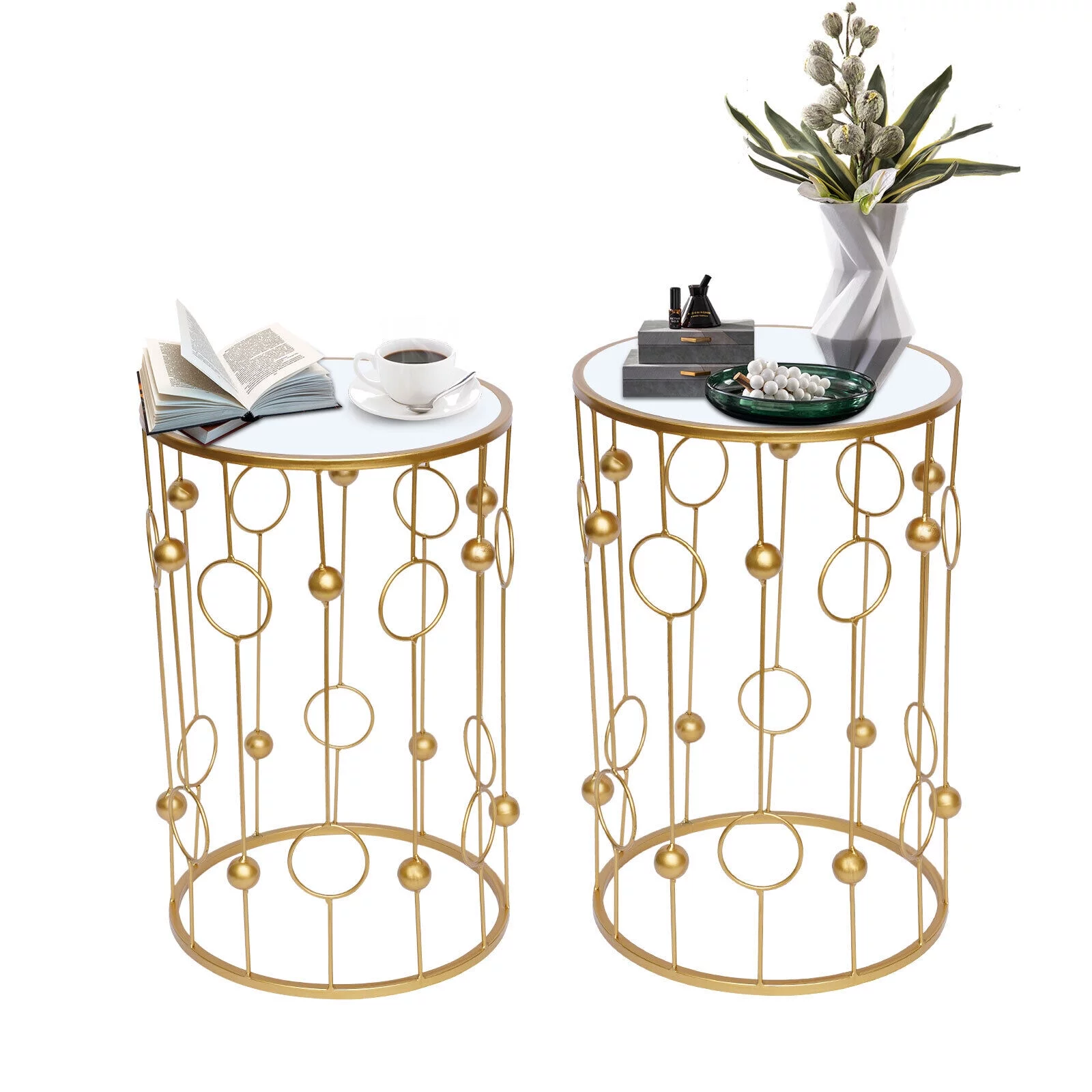 Set of 2 Round Nesting End Side Tables Glass Top,End Tables Elegant Coffee Table