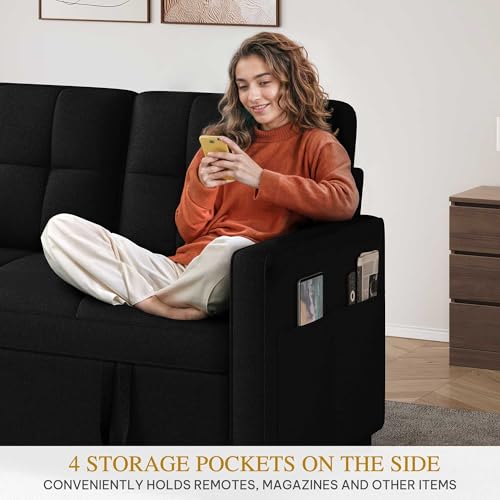 DWVO 55" Convertible Sofa Bed, 3-in-1 Sleeper Sofa with Pull-Out Bed, Linen Futon Couch with Adjustable Backrest and Side Pocket