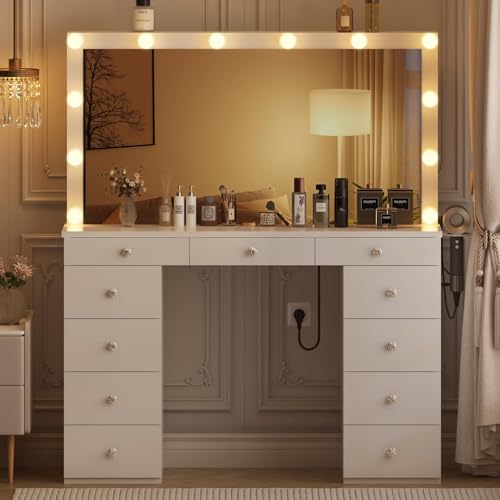 Likein Vanity Desk with Mirror and Lights, White Vanity with Jewelry Storage Cabinet, Makeup Dressing Table with 11 Drawers, Charging Station