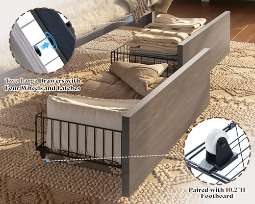 AMERLIFE 47.2" H King Bed Frame with Hidden Space Bookcase Headboard and Charging Station, Beds with 2 Storage Drawers and Wood Slats