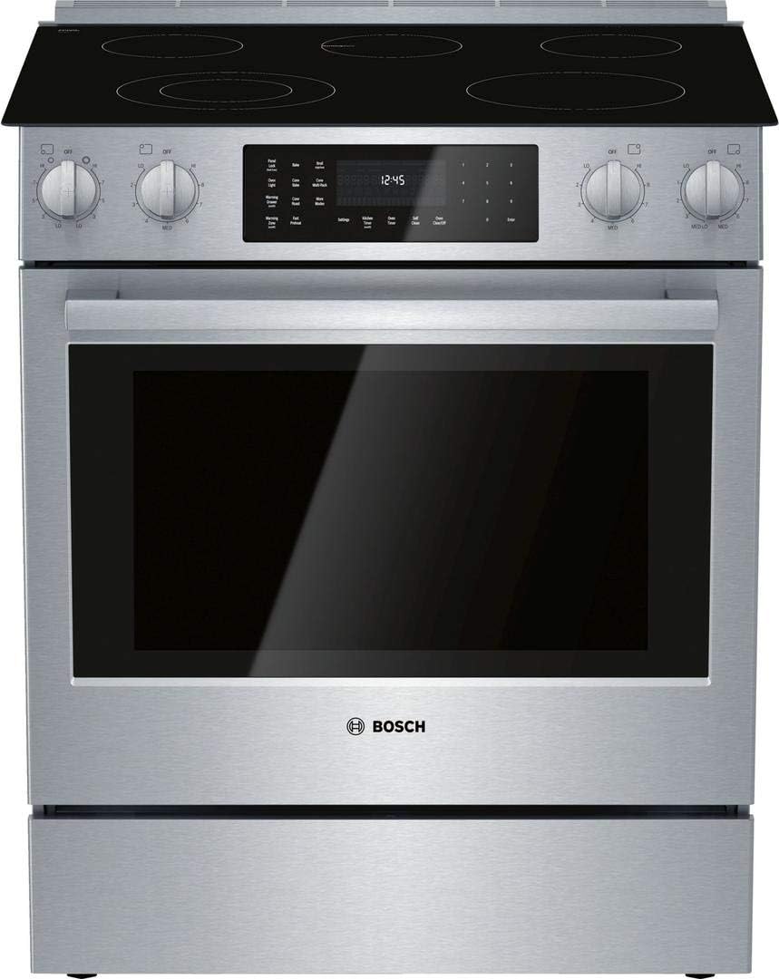 Bosch HEI8056U 800 Series 30 Inch Slide-in Electric Range with 5 Elements, Smoothtop, Self-Cleaning Mode, Warming Drawer