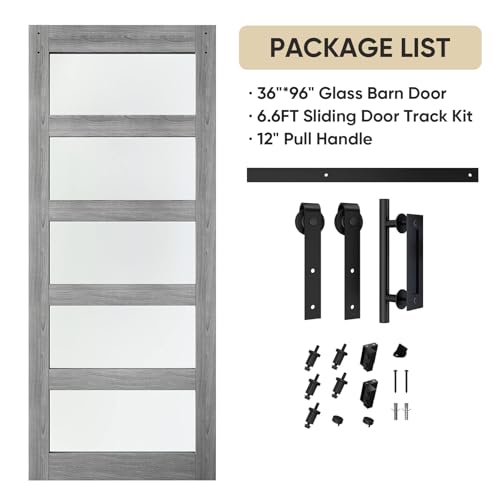 BARNSMITH 42in x 84in Glass Barn Door with 7FT Sliding Door Hardware Kit Included & Handle
