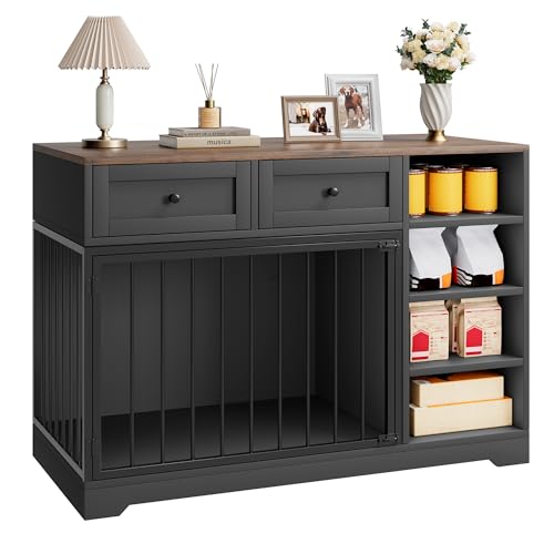 IDEALHOUSE 47” Large Dog Crate, Dog Kennel Indoor with 2 Drawers and 4 Shelves, Dog Crate Furniture TV Stand, Wooden Dog Cage for Medium Large Dogs