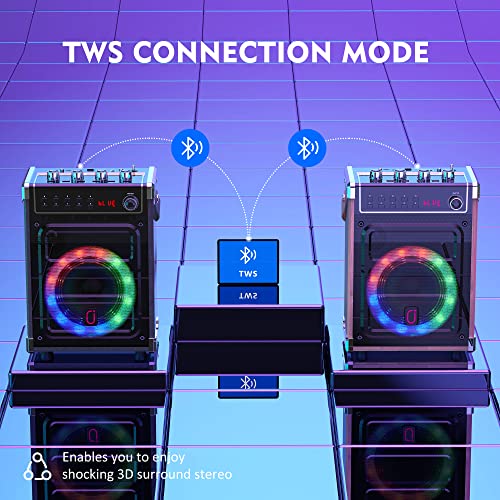 JYX Karaoke Machine with 2 UHF Wireless Microphones, Bass/Treble Bluetooth Speaker with LED Light, Support TWS, AUX In, FM, REC