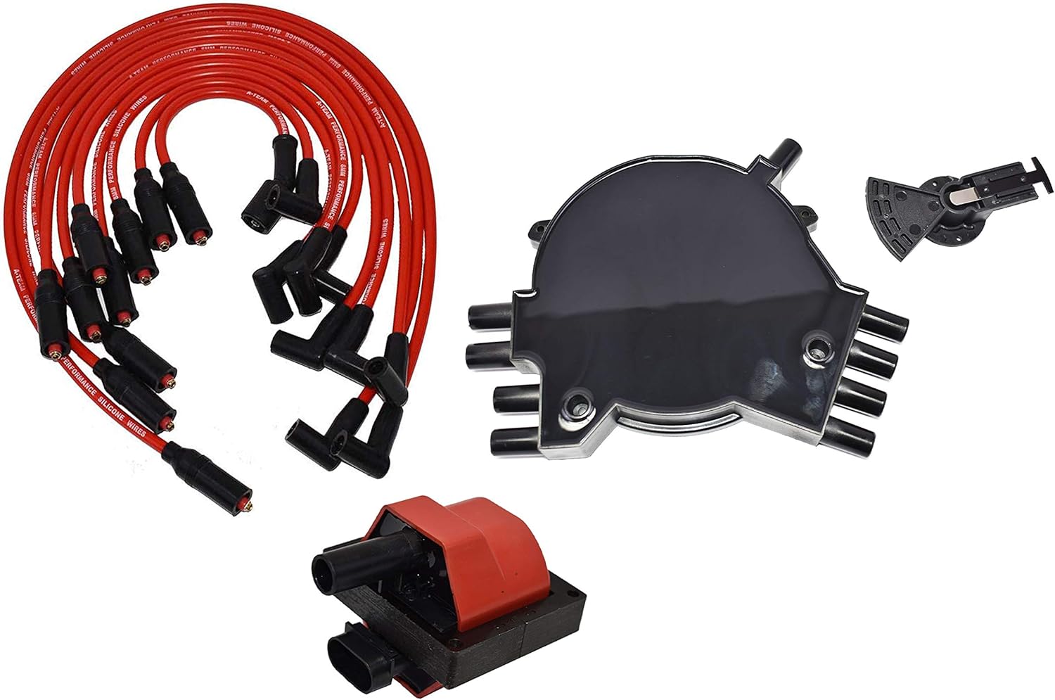 A-Team Performance - Optispark Distributor Cap, Rotor, Remote Ignition Coil Tune Up Kit, and 8.0mm Spark Plug Wires Kit