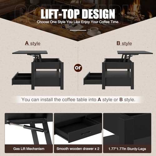 Rolanstar Coffee Table, Lift Top Coffee Table with Drawers and Hidden Compartment, Retro Central Table with Wooden Lift Tabletop, for Living Room