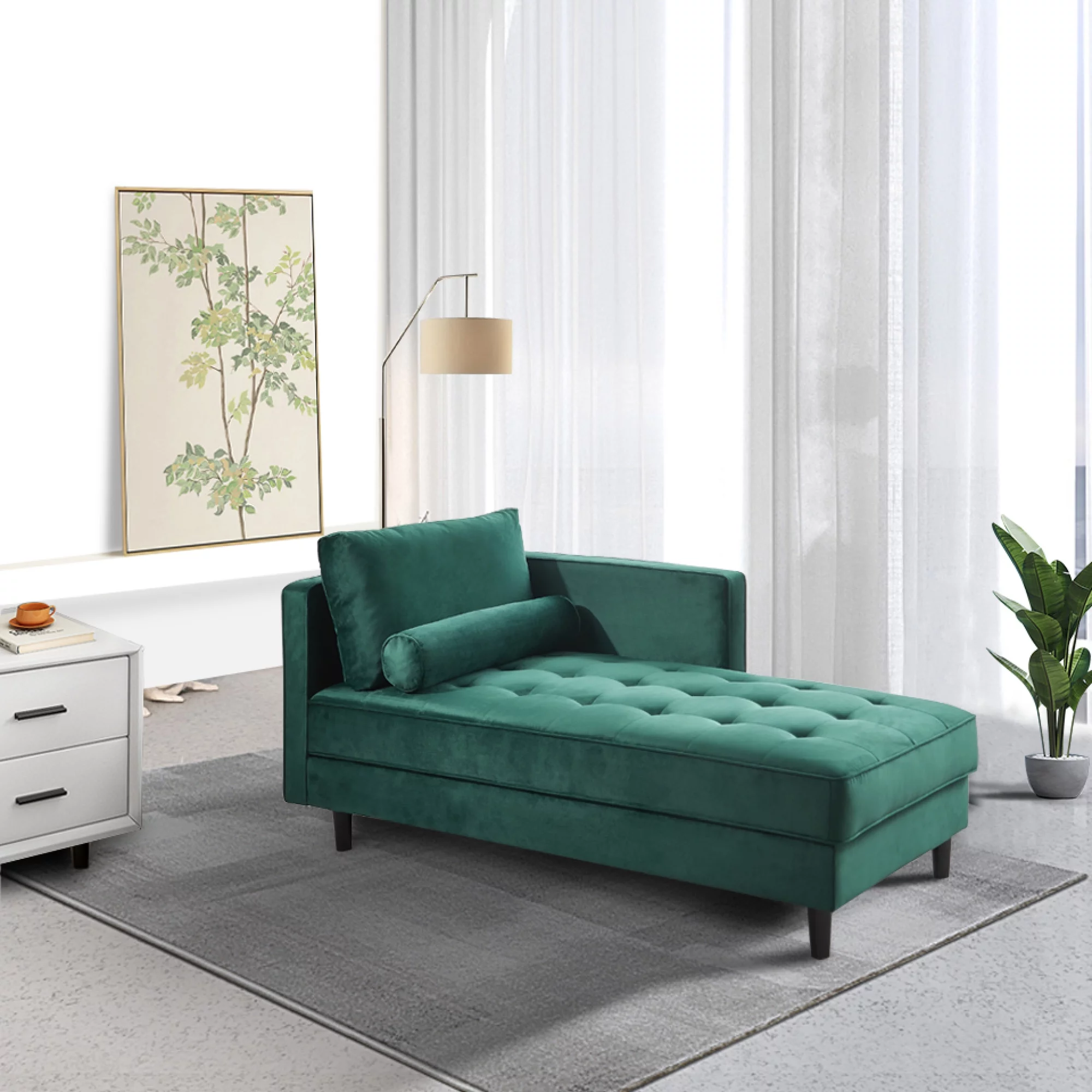 64" Velvet Chaise,Mid-Century Modern Chaise Furniture,Sleeper for Living Room,Apartment,Tool-Free Assembly. (Green)