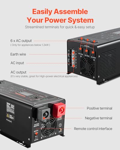 VEVOR Pure Sine Wave Inverter Charger, 2000 Watt, DC 12V to AC 120V, Battery Charger with LCD Display, Remote Control