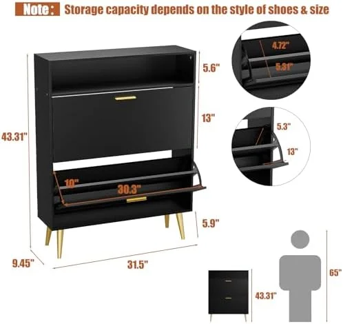 RUNFAYBIU Shoe Cabinet for Entryway Slim  Narrow Shoe Cabinet with 2 Flip Drawers  Black Shoe  Cabinet  Shoe Rack Cabinet for Entryway  Hallway