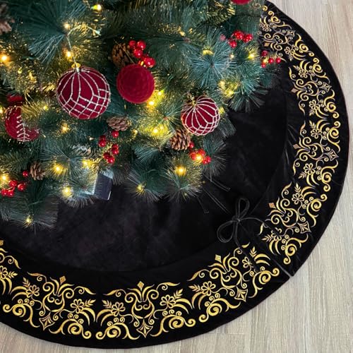 72-Inch Victorian Velvet Christmas Tree Skirt with Gold Damask Embroidery and Plush Lace Ties, Burgundy
