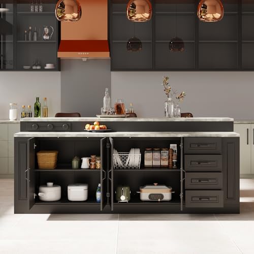 94.5" W Stationary Kitchen Island Storage Cabinet with Built-in Power Outlet, 2 Countertop, Adjustable Shelves & 3 Drawers for Dining Room