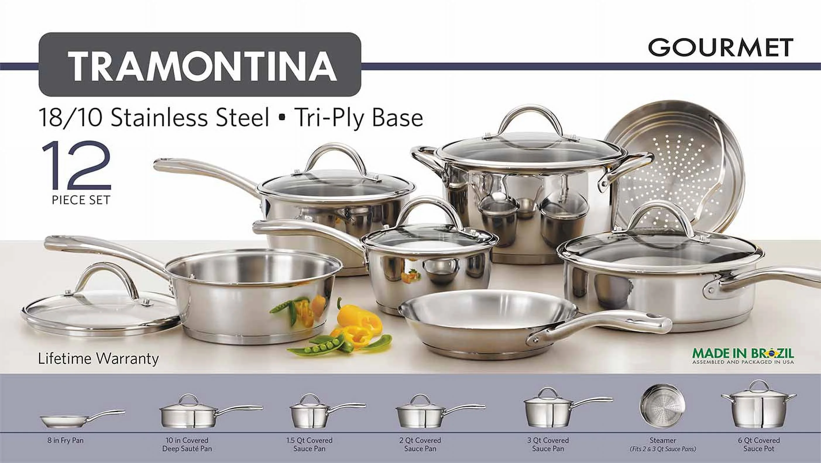 Tramontina Gourmet Stainless Steel Tri-Ply Base Cookware Set, 12 Piece