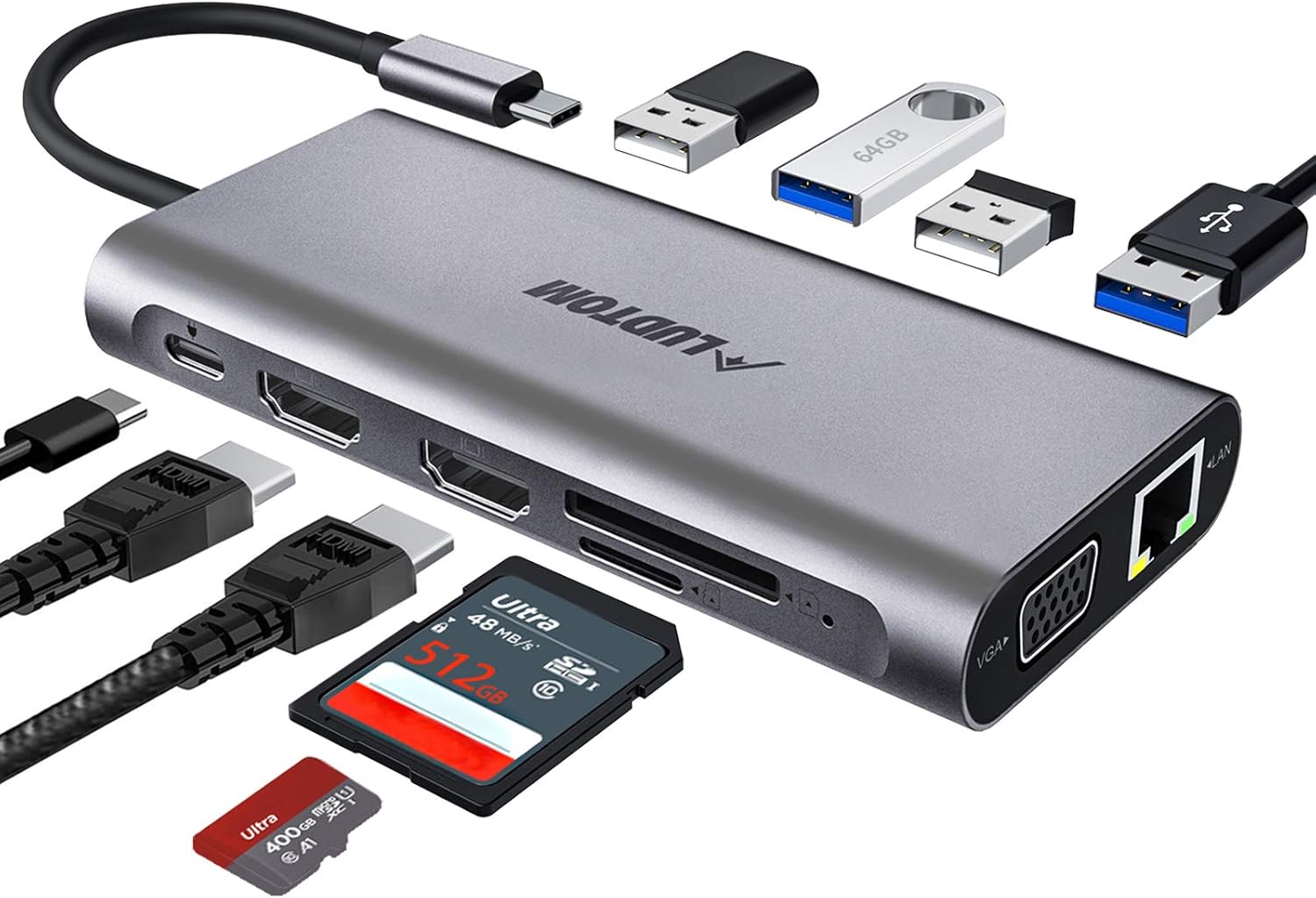 USB C Hub, USB C Laptop Docking Station, LUDTOM Triple Display Type C Dock Station Adapter with 2 HDMI,VGA,PD 3.0 Type C Port,SD TF Card Reader