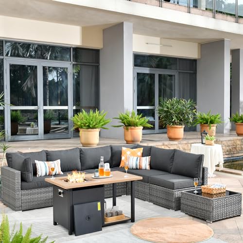 ovios 9 Piece Outdoor Wicker Patio Furniture Set with 50" Fire Table,PE Rattan Conversation Set with Swivel Chair
