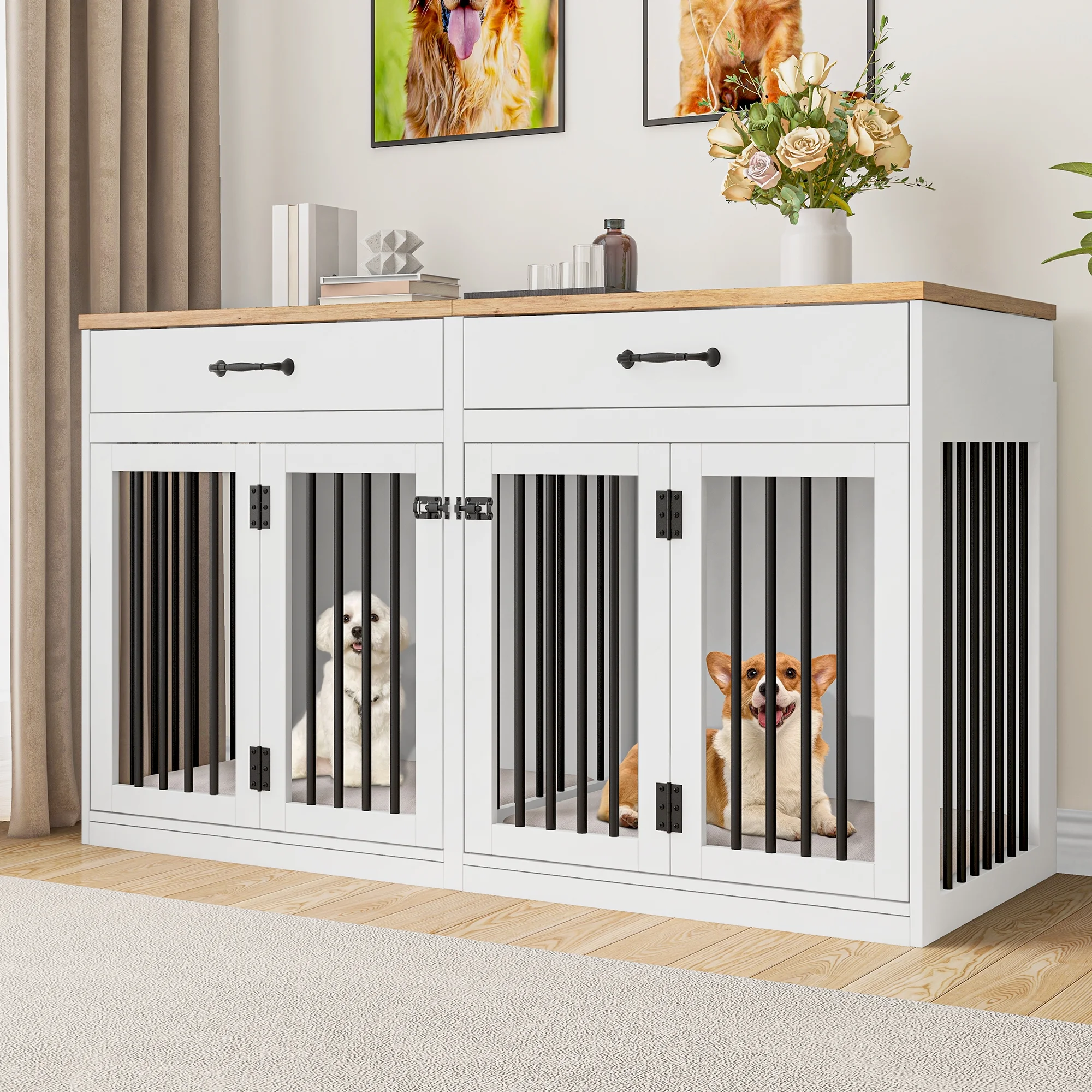 Dextrus Large Dog Crate Furniture for 2 Dogs, 60" Wooden Dog Kennel with Double Doors and 2 Drawers, Heavy Sturdy Dog Kennel for Medium Large Dog