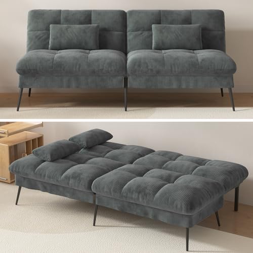 COMHOMA Convertible Futon Sofa Bed, 68″Fabric Futon Couch with Adjustable Backrest, Folding Futon Sleeper Recliner for Living Room Furniture (Black)