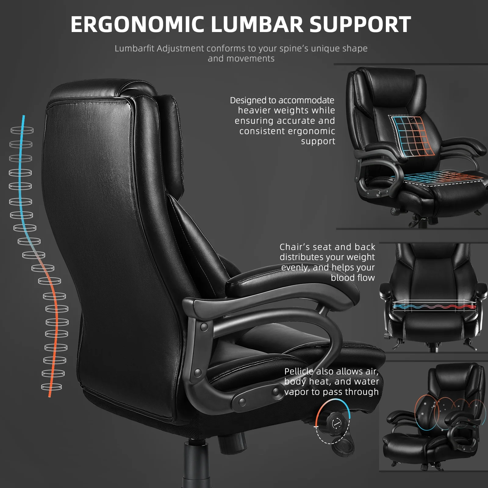 Waleaf Heavy Duty Big and Tall Office Chair 500lbs with Adjustable Lumbar Support,High Back Office Chair for Heavy People