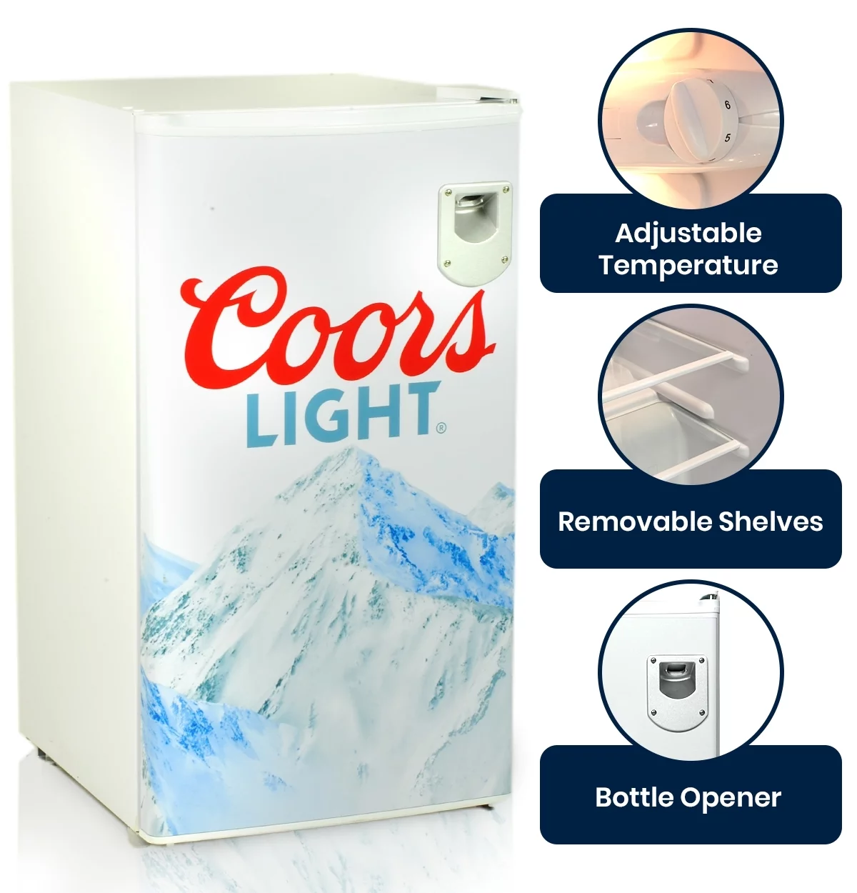 Coors Light Compact Fridge with Bottle Opener, 90 L/ 95 Quart 3.2 Cubic Foot for Snacks, Beverages, Juice, Beer, Den, Dorm, Office, Games Room, or RV