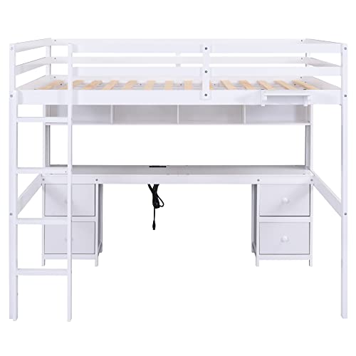 Full Size Loft Bed with L-Shaped Desk, Wardrobe and Storage Shelves, Solid Wood Bedframe w/Safety Guardrails & Ladder for Kids Teens Adults
