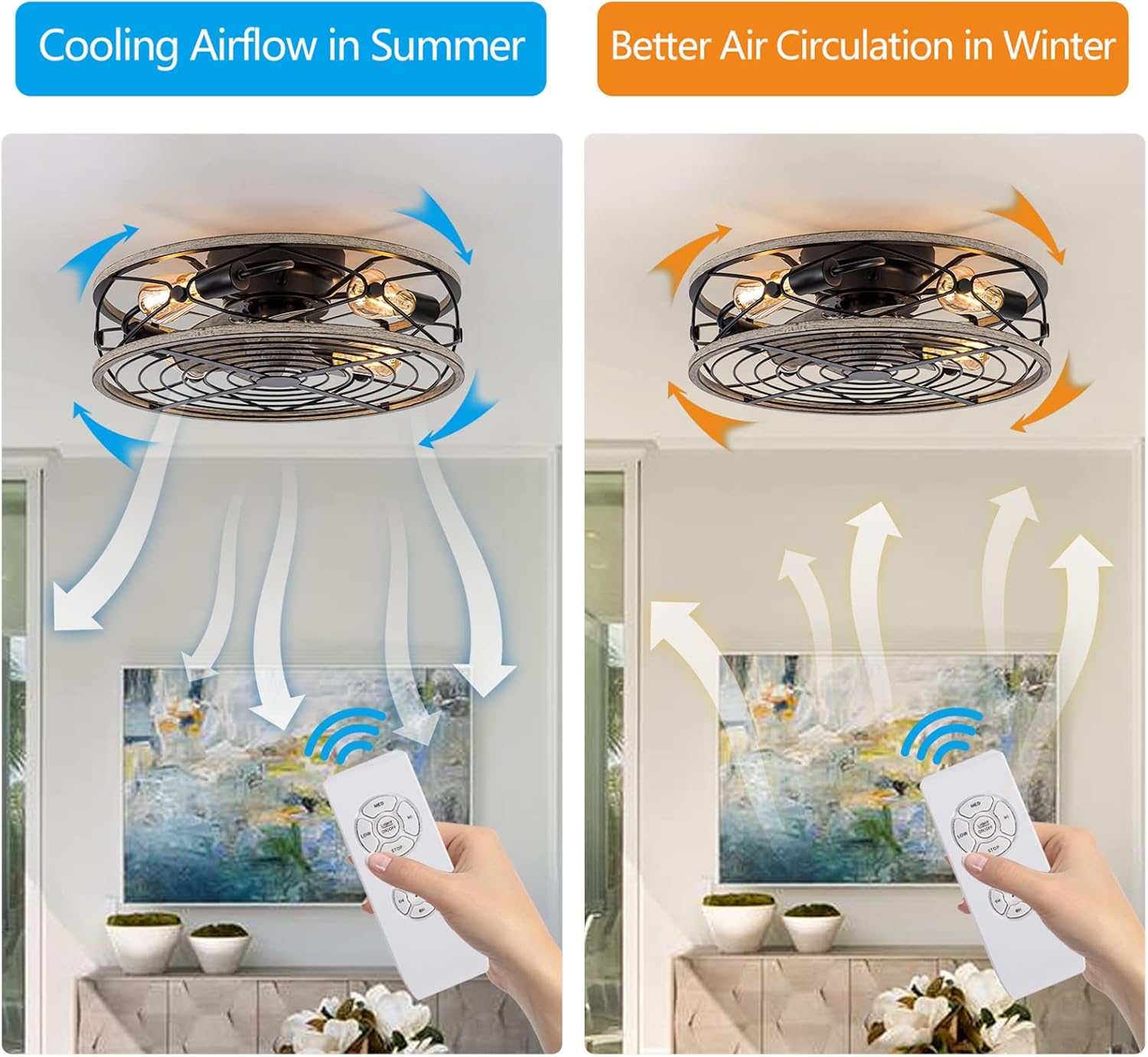 Caged Ceiling Fan With Light, 20 in Bladeless Ceiling fan With Remote Control