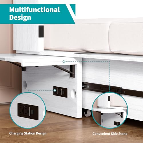 BALUS Murphy Bed Cabinet, 63" W Queen Cabinet Cube Chest Bed with Tri-fold Mattress, Charging Station