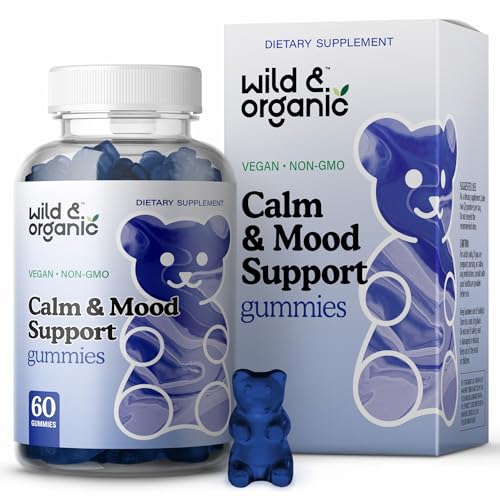 Wild & Organic Calm & Mood Support Gummies - Herbal Supplement with Magnesium, L-Theanine, Ashwagandha, Lemon Balm & Bacopa - Support Calmness