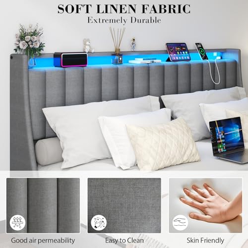 Queen Bed Frame with 2 Storage Drawers, Platform Bed Frame Queen Size with LED Light, Upholstered Headboard, Charging Station, Steel Slat Support