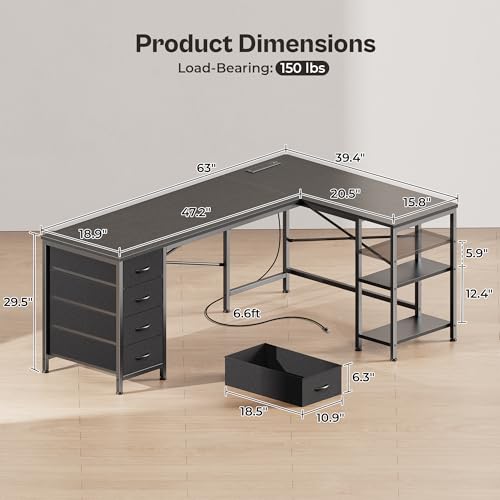 Huuger 63 Inch L Shaped Desk with Fabric Drawers, Reversible Computer Gaming Desk with Power Outlets and USB-C Port, Adjustable Side Storage Shelves