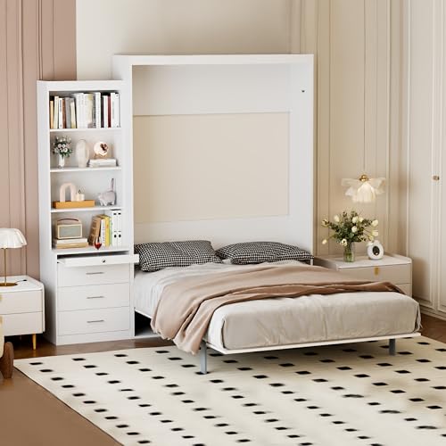 Full Size Murphy Bed Cabinet with Shelf and Drawers, Plywood Hidden Beds,Wall Bedframe for Bedroom,Space-Saving, Noise Free, White