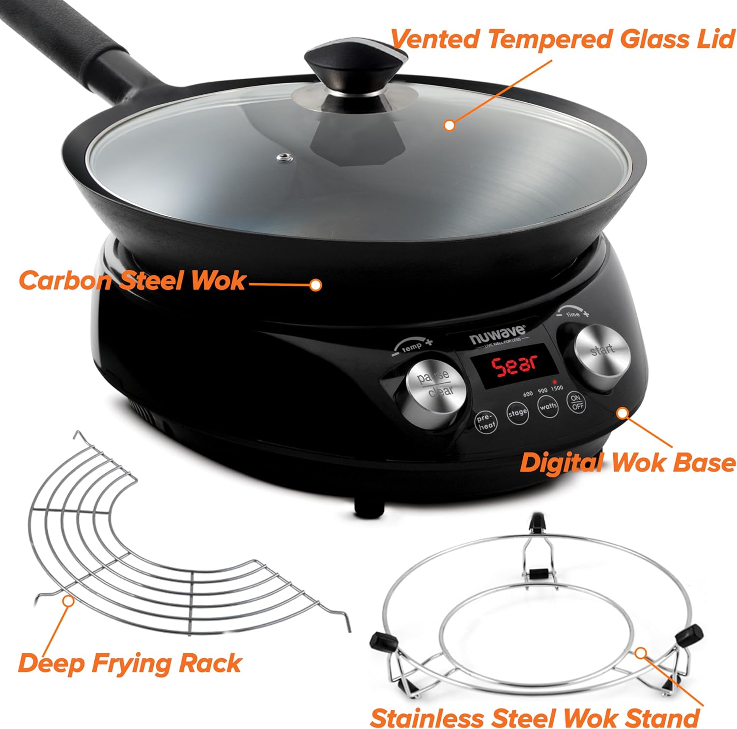 Nuwave Mosaic Induction Wok, Precise Temp Controls from 100°F to 575°F in 5°F, Wok Hei, Infuse Complex Charred Aroma & Flavor, 3 Watts 600,900 & 1500