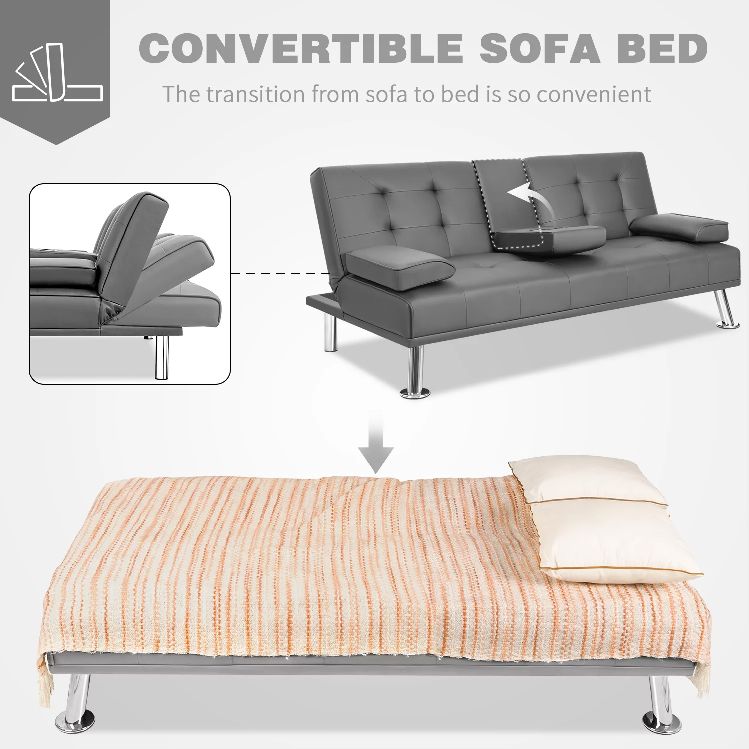 Vineego Modern Faux Leather Couch Convertible Folding Futon Sofa Bed with 2 Cup Holders, Gray