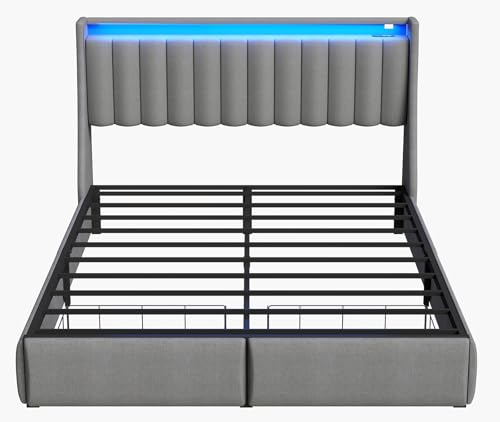 Queen Bed Frame with 2 Storage Drawers, Platform Bed Frame Queen Size with LED Light, Upholstered Headboard, Charging Station, Steel Slat Support