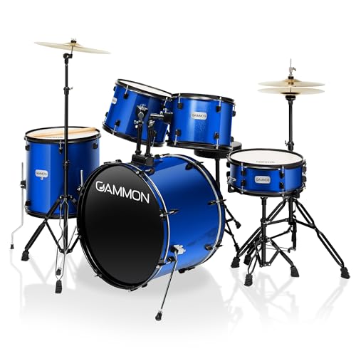 Full Size Complete Adult 5-Piece Drum Set with Cymbals, Stands, Stool, and Sticks - Blue