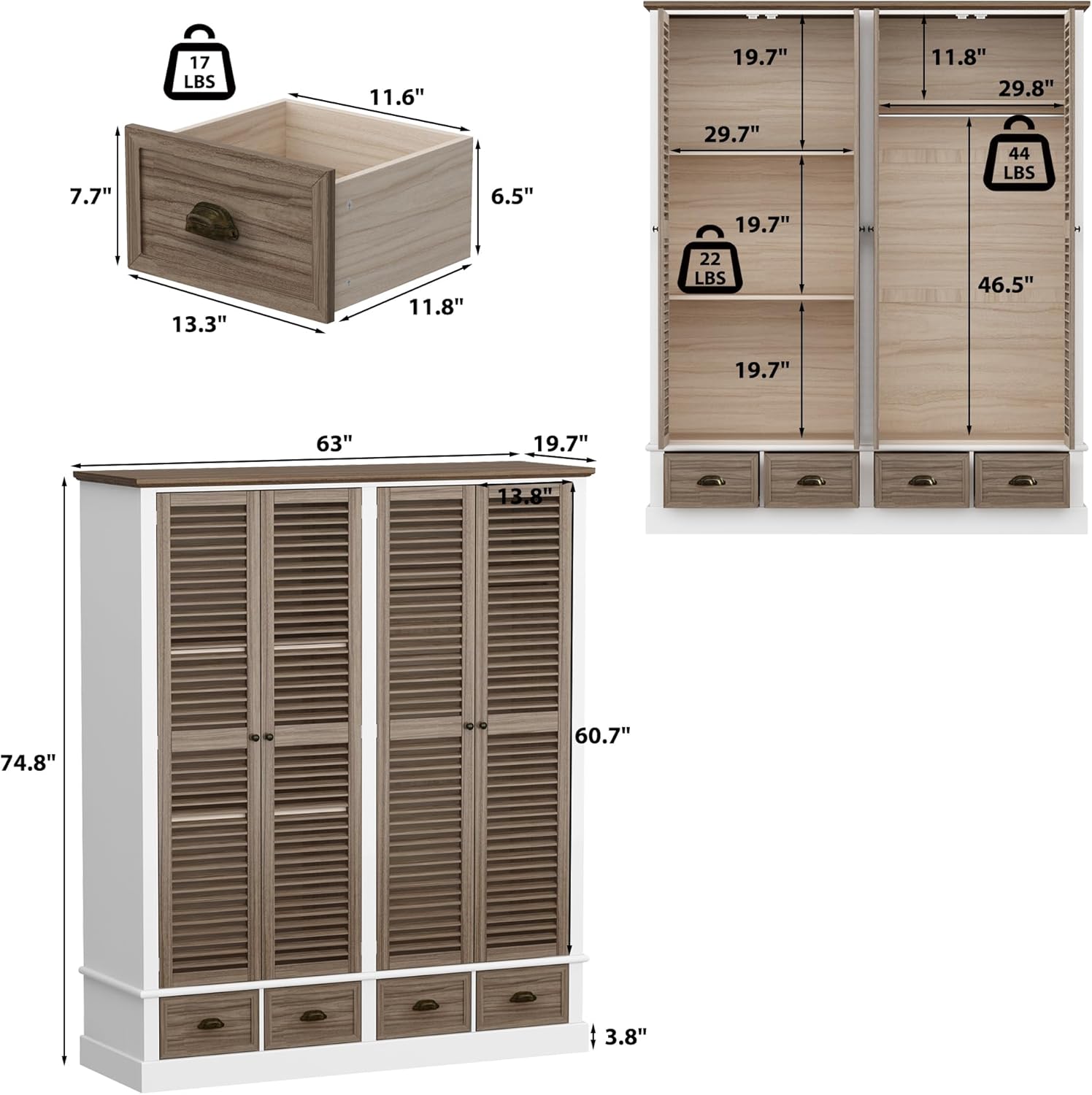 ECACAD 4 Doors Wardrobe Armoire with Louver Doors, Storage Shelves, 4 Drawers & Hanging Rod, Wooden Closet Storage Cabinet for Bedroom