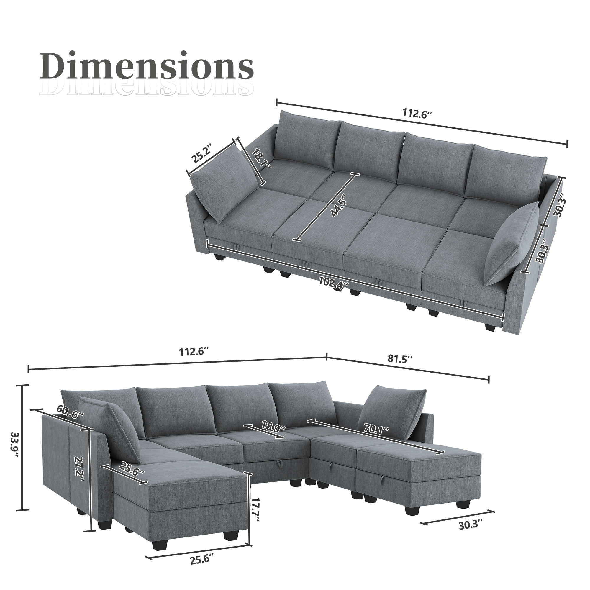 HONBAY Modern Sectional Convertible Sofa Sleeper Bed with Storage Ottomans for Living Room, Bluish Grey