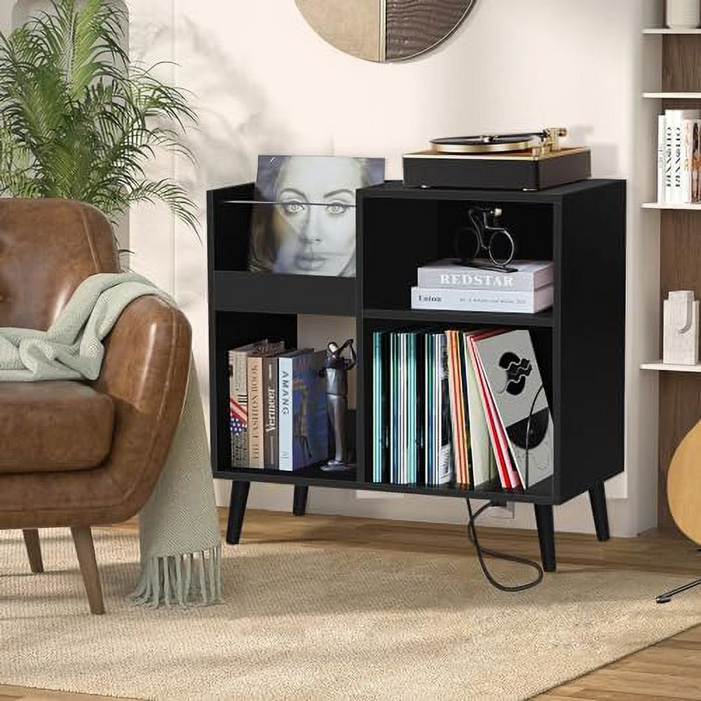 CDHJKKB Mid-Century Vinyl  Cabinet  with Solid Wood Legs  Turntable Stand with Power Outlet Holds up to 200 Albums  Record Player Holder Display
