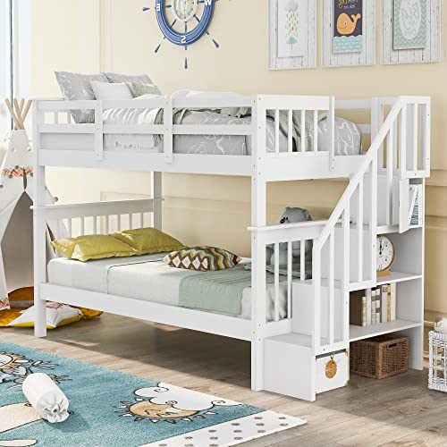 Ball & Cast Full Over Full Bunk Bed with Twin Size Trundle and Built in 4 Drawer,Wood Bunkbed w/Storage Ladder & Slat Support