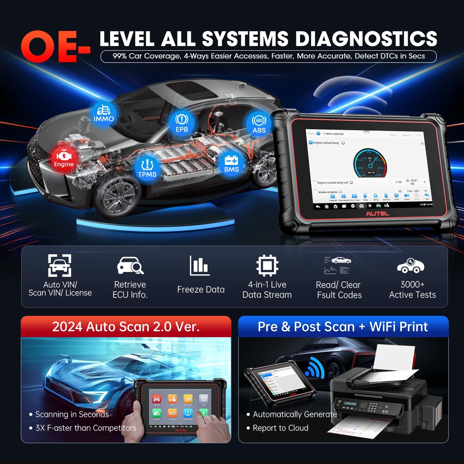 Autel Scanner MaxiCOM MK900-BT MK900BT: 2024 BT Ver. of MK900 MX900, 8in Up of MK808S MK808BT PRO MX808S MK808Z MS906