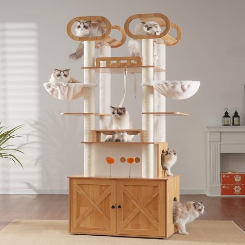 Heybly Cat Tree with Litter Box Enclosure, 76.8-inch Wooden mainecoons Cat Tower with Food Station,Extra Large Platforms