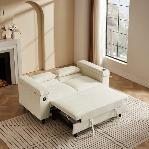 68.11" Corduroy Sleeper Chair Bed with USB Port, Cup Holders & Side Storage Pockets – 3-in-1 Foldable Sofa Bed for Guest Room, Living Room – White