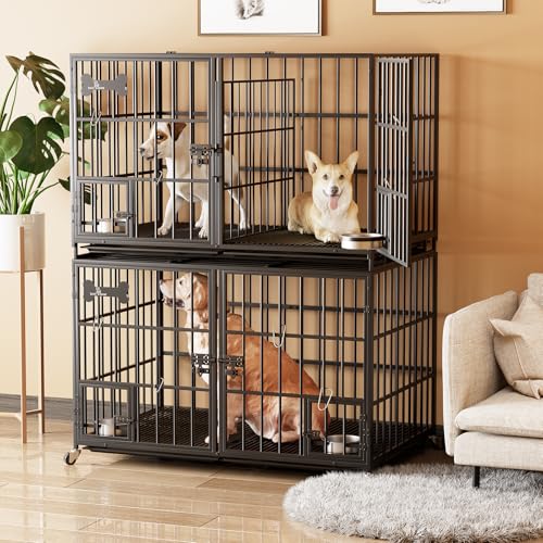 aboxoo 42/48 inch Heavy Duty Metal Dog Crate for 2 Dogs/Large Dog,All Metal Open Top,Dog Kennel Indoor with Wheels,Floor Grid, Tray
