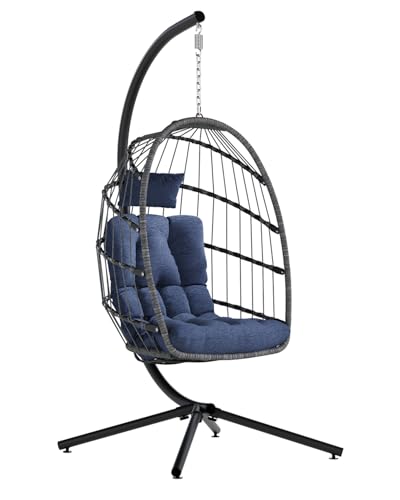 SWITTE Egg Chair Outdoor with Stand, Indoor Wicker Hanging Egg Swing Chair with Cushion, 350lbs Capacity for Patio, Bedroom, Garden - Gray