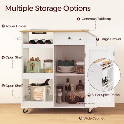Kitchen Island with Power Outlet, Kitchen Storage Island with Drawer, Rolling Kitchen Cart on Wheels, Spice Rack, Towel Rack, Wine Rack