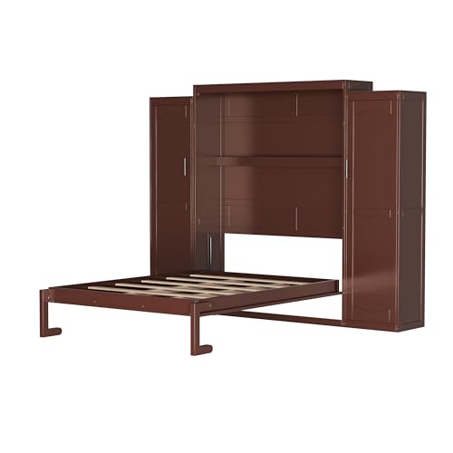 Queen Size Murphy Bed Wall Cabinet with 2 Wardrobe and Storage Shelf, Wooden Murphy Cube Wall Bed