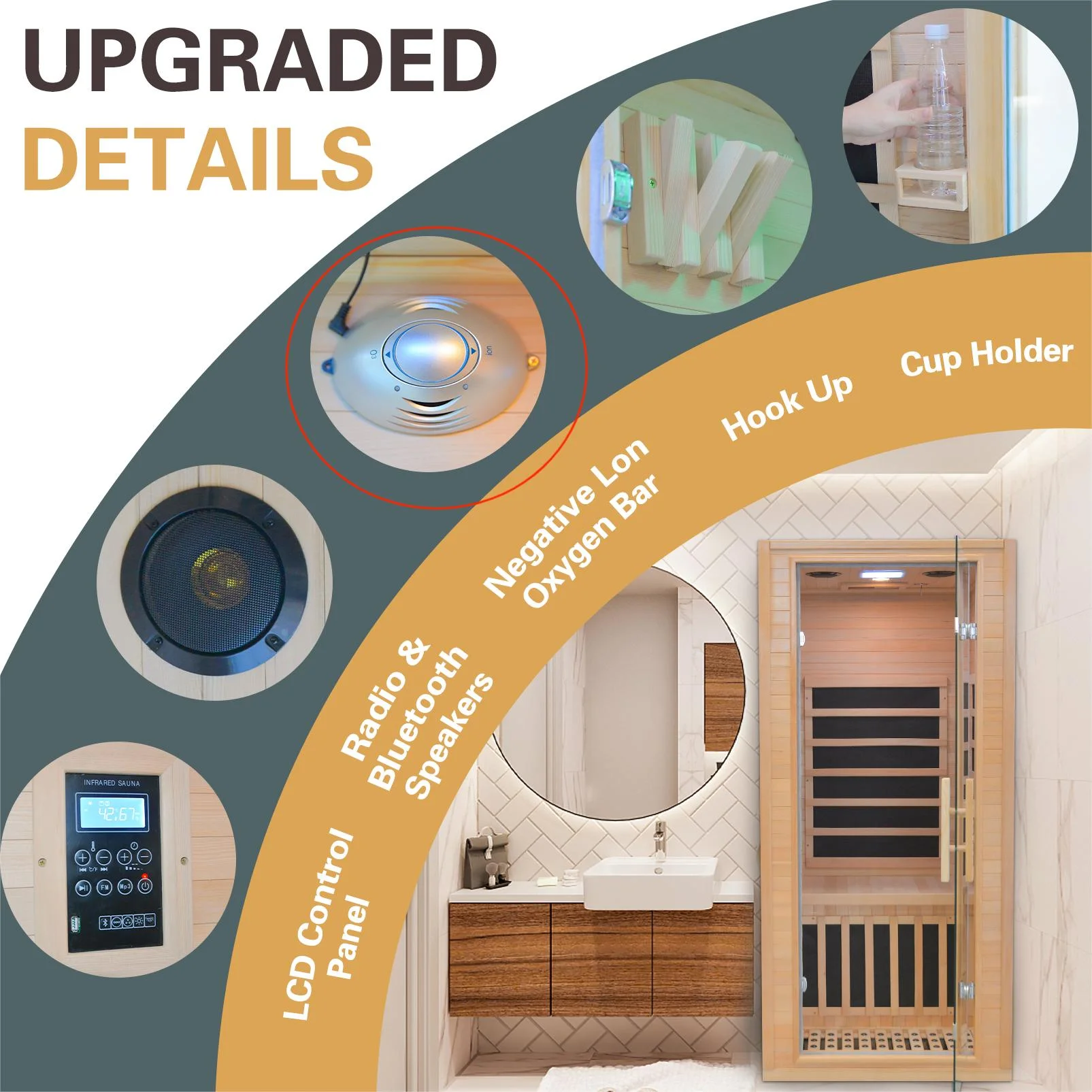 Infrared Home Sauna Room 1-2 Person Hemlock Wooden Indoor Sauna Spa，1200W/110V Low EMF Heaters,10 Minutes Pre-Warm up,Time and Temp Pre-Set
