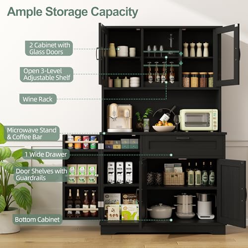 Shintenchi Kitchen Pantry Storage Cabinet, Freestanding Buffet Cabinet with Microwave Stand & 4 Door Shelves, Kitchen Hutch with Doors